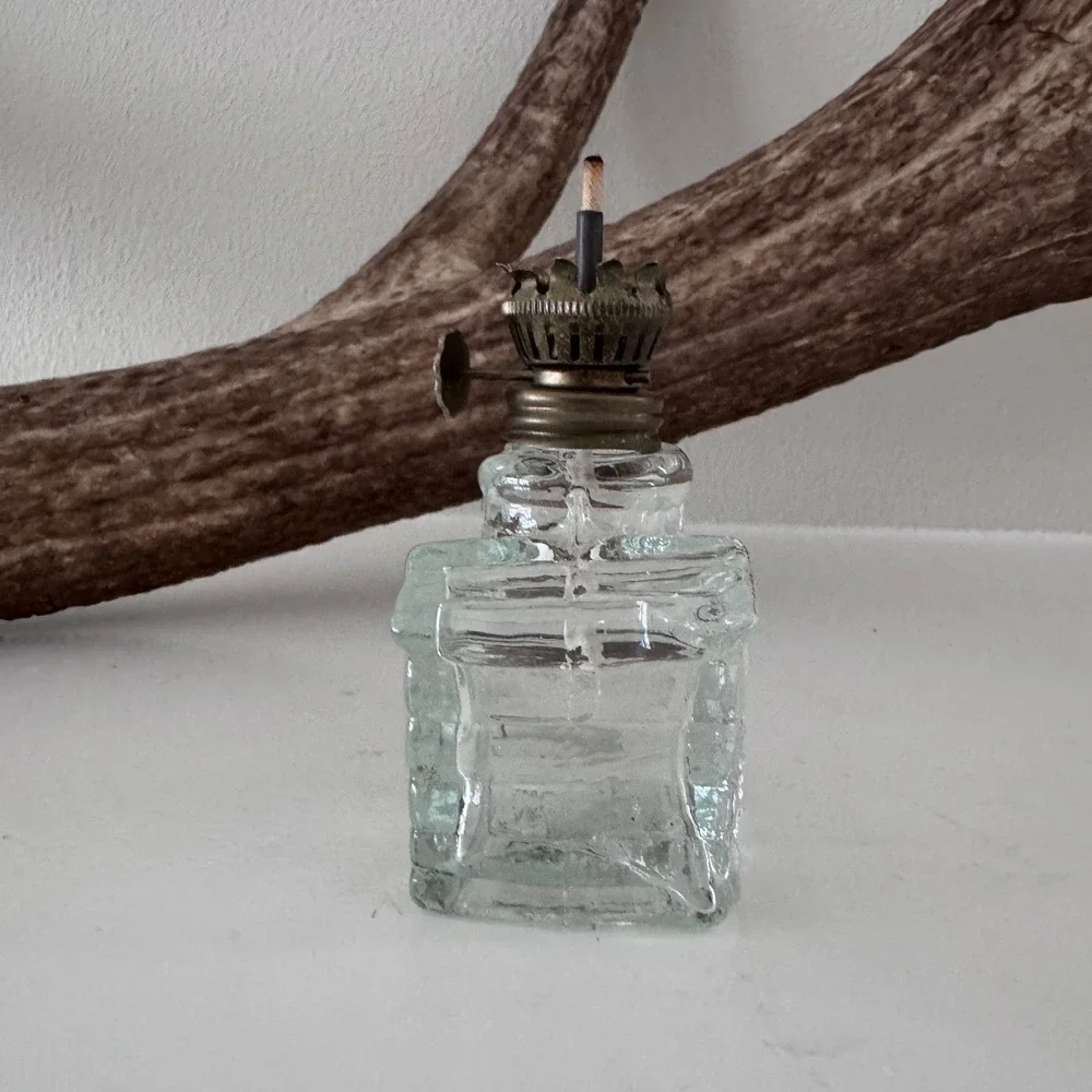 Vintage Miniature Glass Log Cabin Oil Lamp Tiny Cottage Kerosene Lamp Clear
